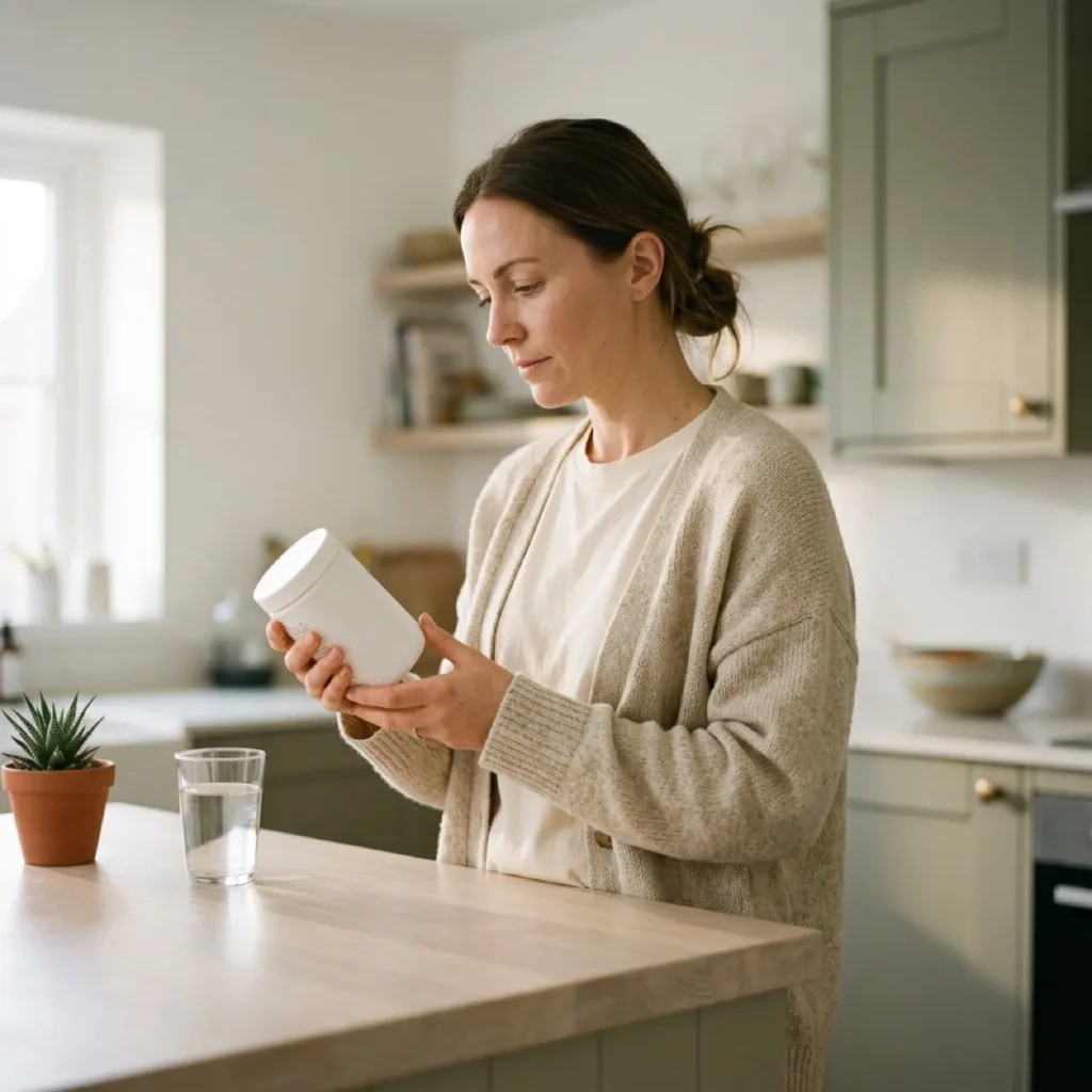 Woman in her late thirties reading the label on an unbranded supplement tub at a kitchen counter